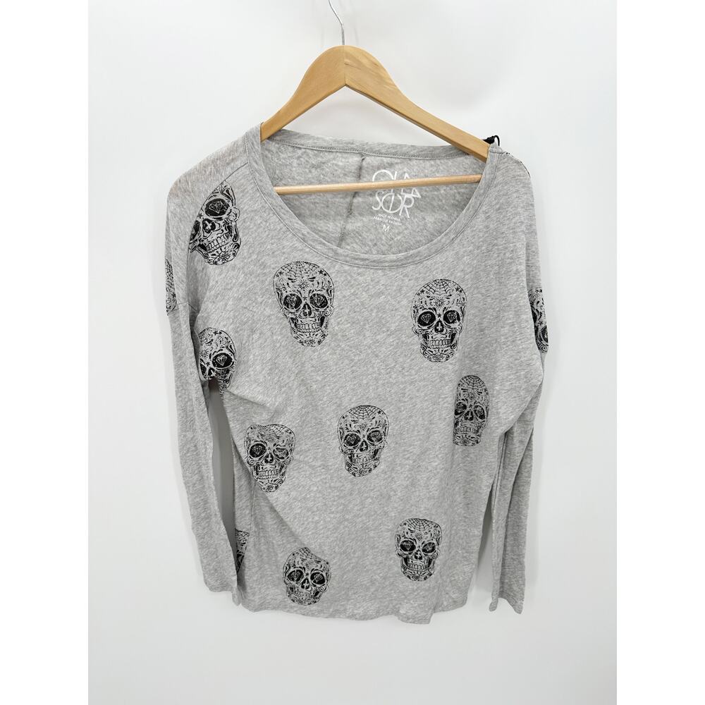 Chaser Gray Skull Print Gauzy Cotton Jersey Long Sleeve Dolman Shirt Women M NWT